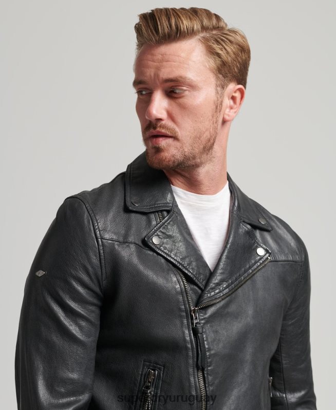 uy Superdry hombres chaqueta de motorista de cuero negro DT2N8Z953 ropa