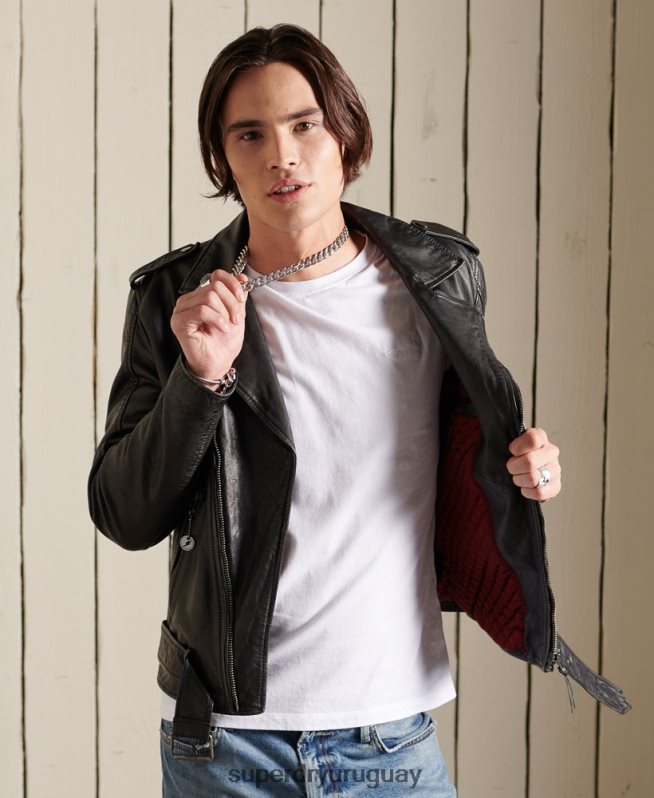 uy Superdry hombres chaqueta motociclista de cuero vintage negro DT2N8Z4784 ropa