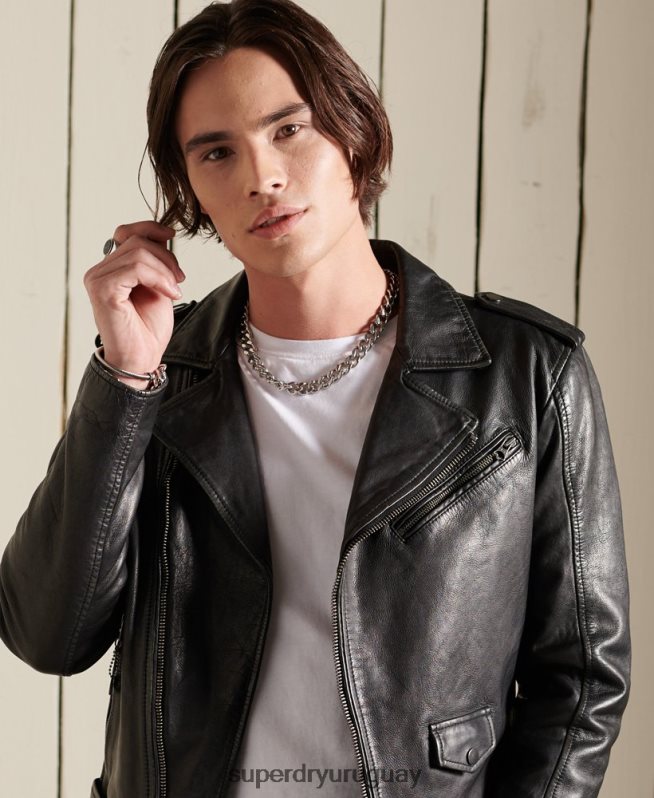 uy Superdry hombres chaqueta motociclista de cuero vintage negro DT2N8Z4784 ropa