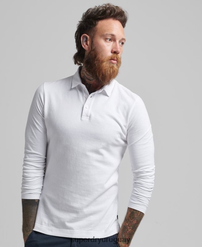 uy Superdry hombres polo de punto de algodón de manga larga blanco DT2N8Z6360 ropa