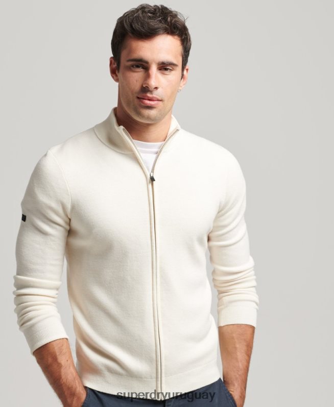 uy Superdry hombres cárdigan de punto con cremallera en merino blanco DT2N8Z1242 ropa