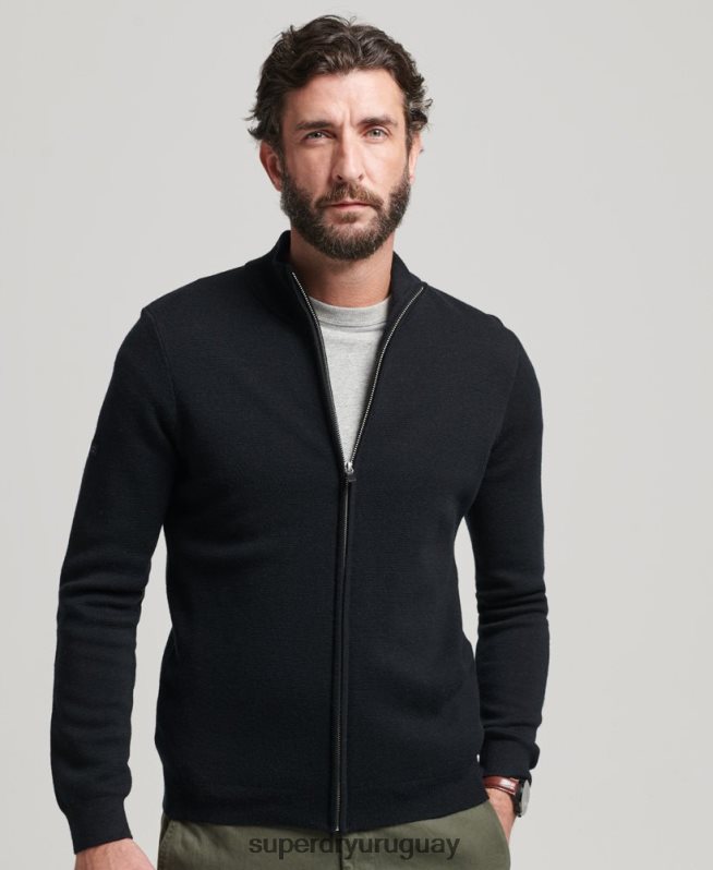 uy Superdry hombres cárdigan de punto con cremallera en merino negro DT2N8Z1239 ropa