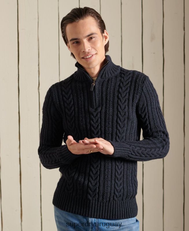 uy Superdry hombres jersey con cuello henley de jacob azul oscuro DT2N8Z5289 ropa