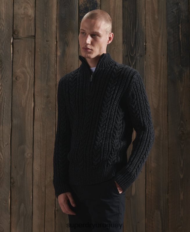 uy Superdry hombres jersey con cuello henley de jacob negro DT2N8Z1350 ropa