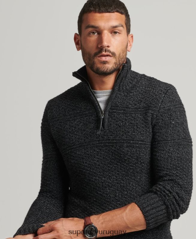 uy Superdry hombres jersey con cuello henley de jacob negro DT2N8Z5253 ropa