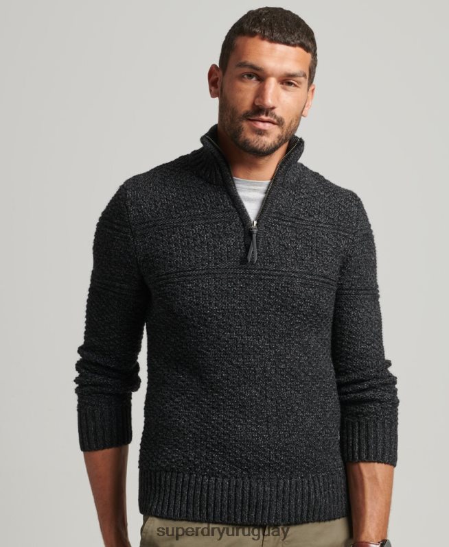 uy Superdry hombres jersey con cuello henley de jacob negro DT2N8Z5253 ropa
