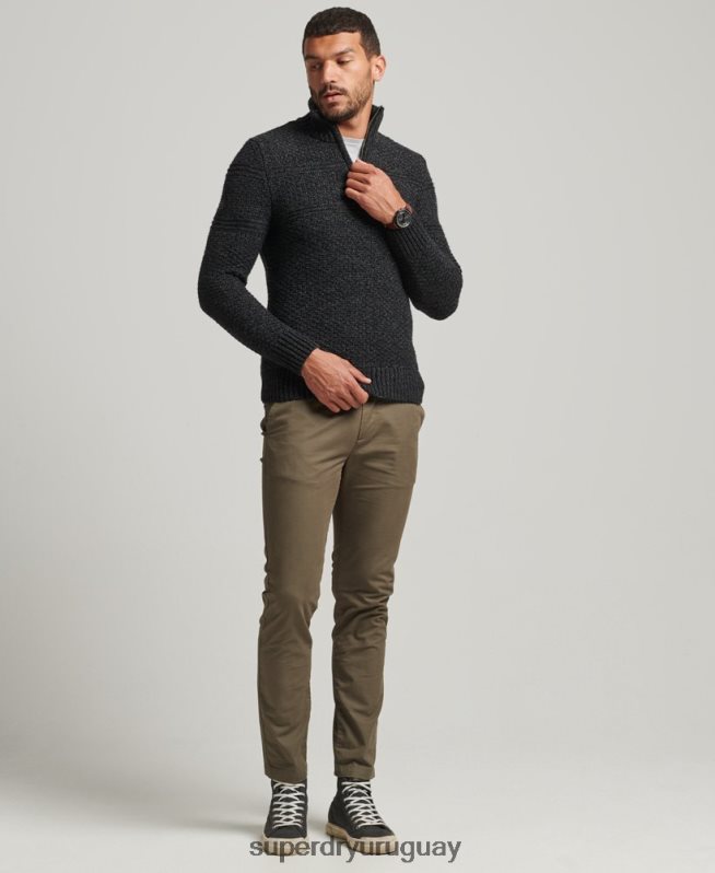 uy Superdry hombres jersey con cuello henley de jacob negro DT2N8Z5253 ropa