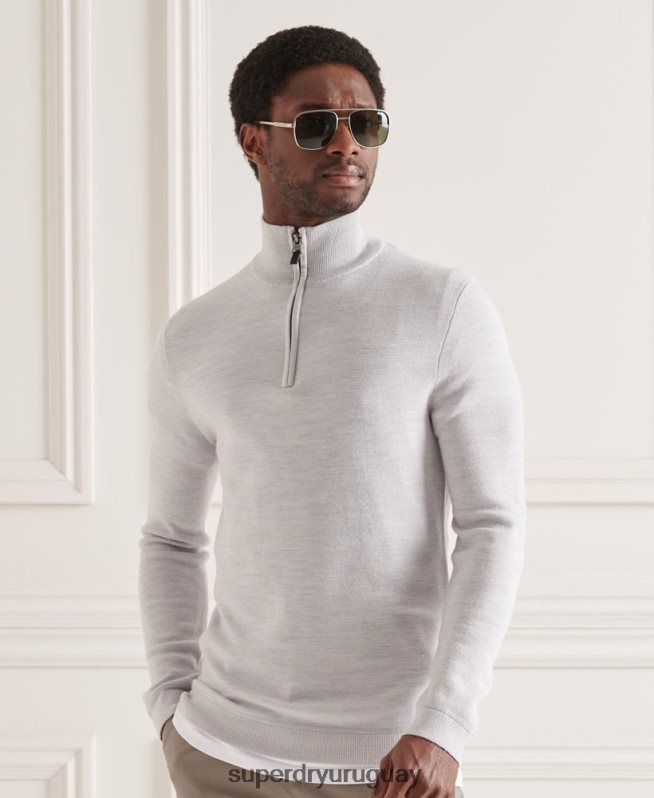 uy Superdry hombres jersey con cuello henley de merino gris claro DT2N8Z5320 ropa
