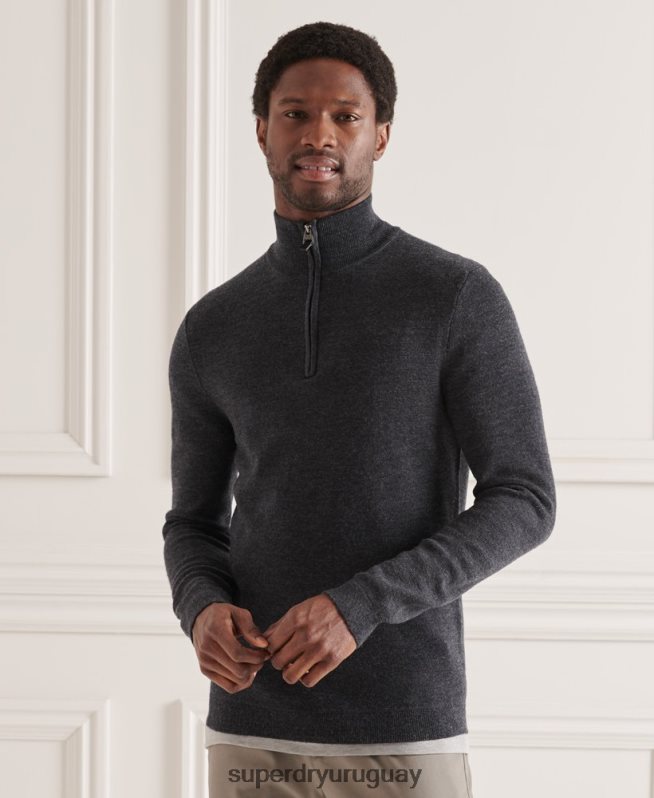 uy Superdry hombres jersey con cuello henley de merino gris oscuro DT2N8Z1339 ropa