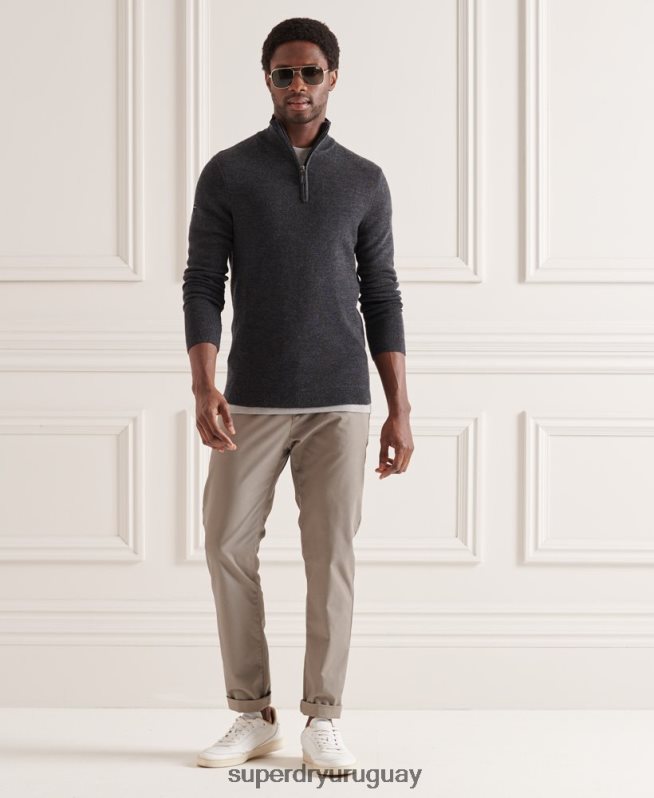 uy Superdry hombres jersey con cuello henley de merino gris oscuro DT2N8Z1339 ropa