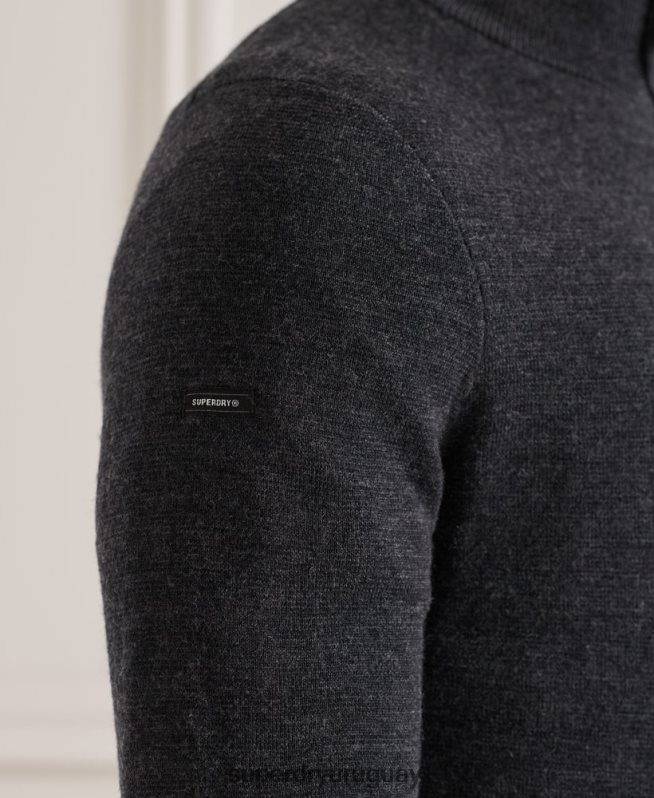 uy Superdry hombres jersey con cuello henley de merino gris oscuro DT2N8Z1339 ropa