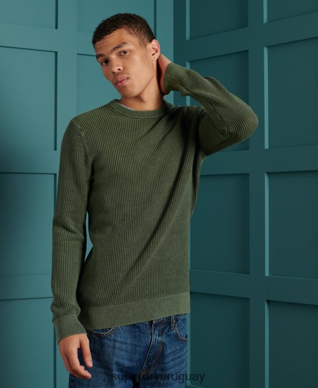 uy Superdry hombres jersey con cuello redondo Academy con textura teñida verde DT2N8Z5346 ropa