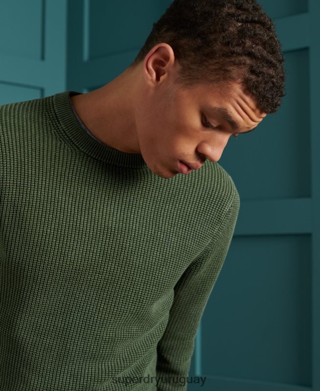 uy Superdry hombres jersey con cuello redondo Academy con textura teñida verde DT2N8Z5346 ropa