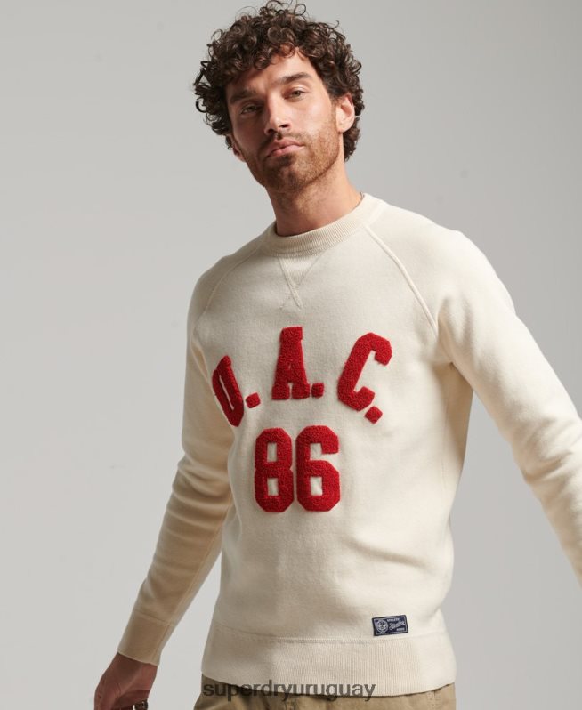 uy Superdry hombres jersey con cuello redondo del equipo universitario crema DT2N8Z1277 ropa