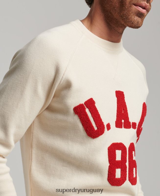 uy Superdry hombres jersey con cuello redondo del equipo universitario crema DT2N8Z1277 ropa