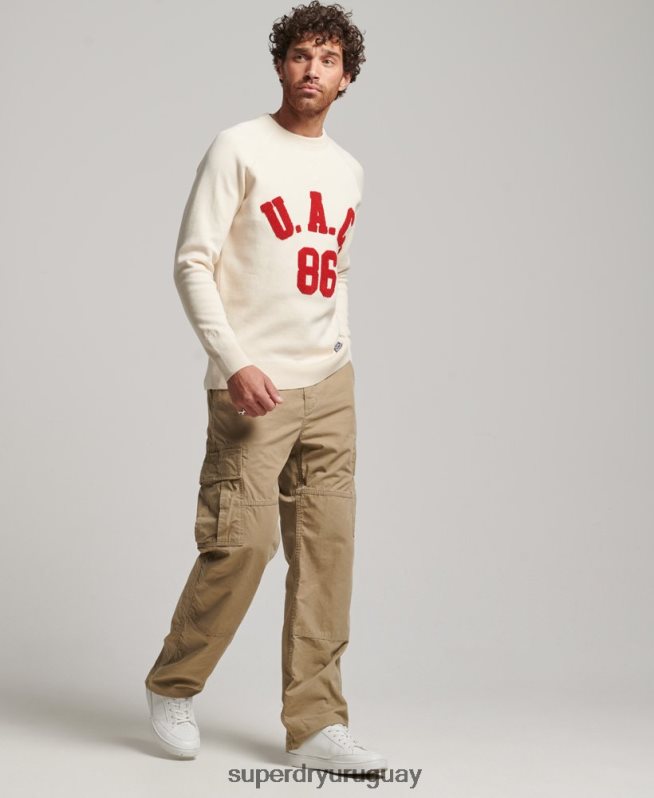 uy Superdry hombres jersey con cuello redondo del equipo universitario crema DT2N8Z1277 ropa