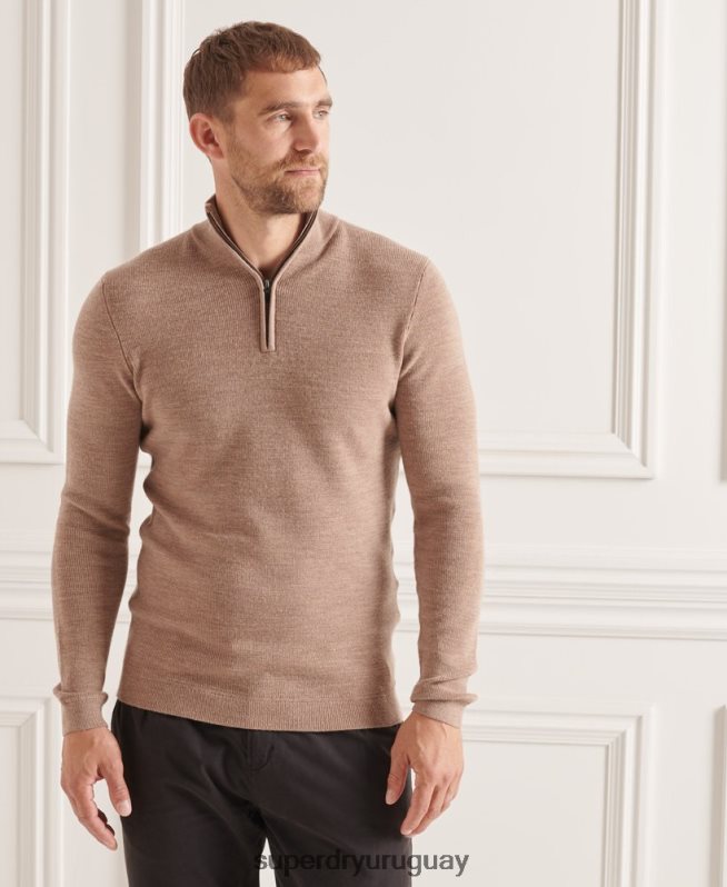 uy Superdry hombres jersey con cuello tunecino de lana merino studios beige DT2N8Z1323 ropa