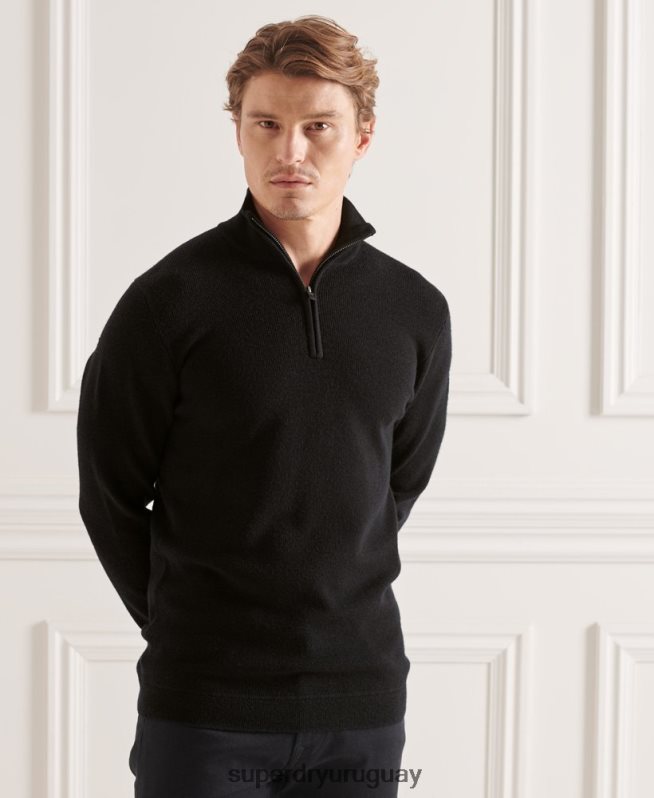uy Superdry hombres jersey con cuello tunecino de lana merino studios negro DT2N8Z5294 ropa