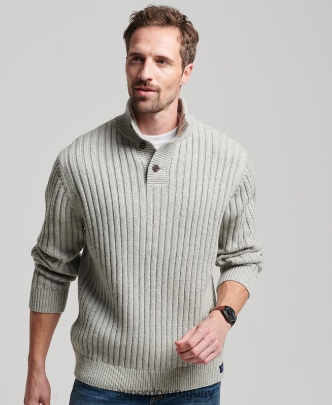 uy Superdry hombres jersey de canalé con cuello henley gris DT2N8Z5261 ropa