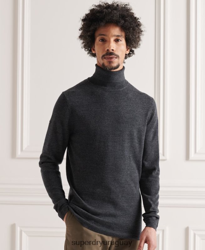 uy Superdry hombres jersey de lana merina con cuello vuelto gris oscuro DT2N8Z1336 ropa