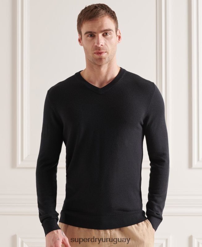 uy Superdry hombres jersey de merino con cuello de pico negro DT2N8Z1330 ropa