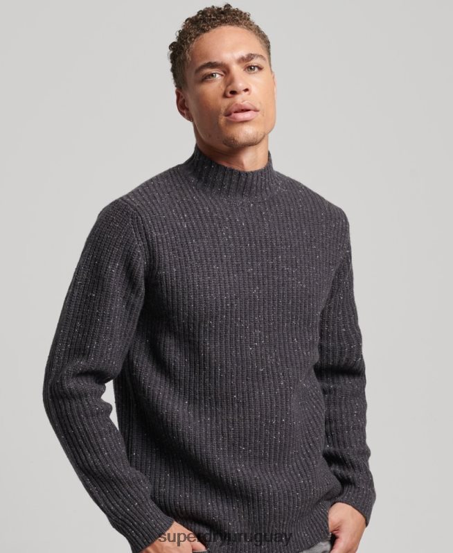 uy Superdry hombres jersey de tweed en mezcla de lana con cuello alzado gris oscuro DT2N8Z1296 ropa