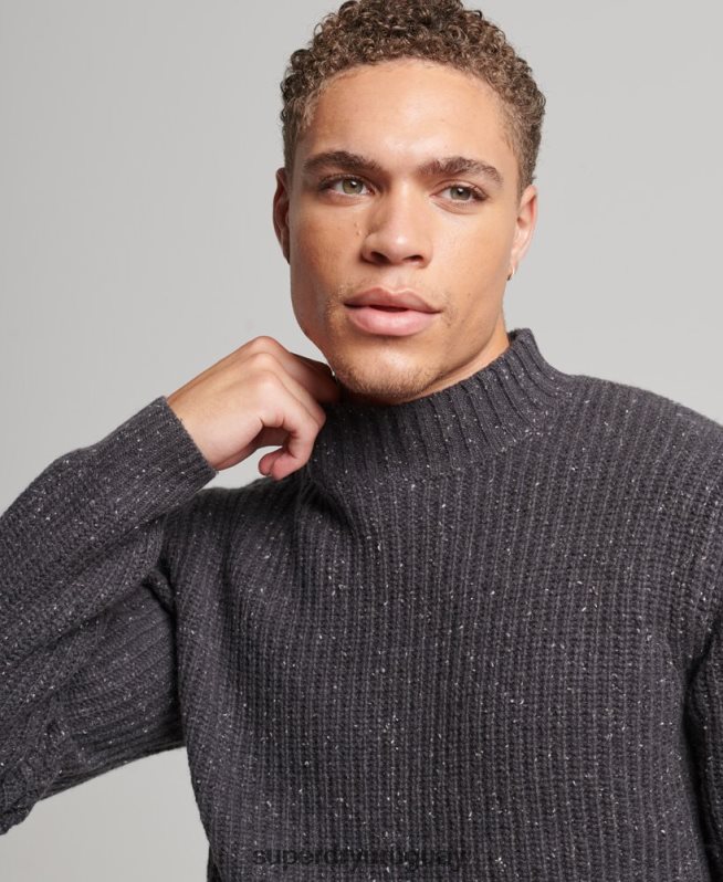 uy Superdry hombres jersey de tweed en mezcla de lana con cuello alzado gris oscuro DT2N8Z1296 ropa