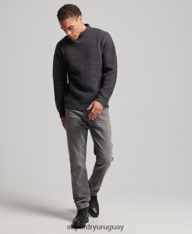 uy Superdry hombres jersey de tweed en mezcla de lana con cuello alzado gris oscuro DT2N8Z1296 ropa