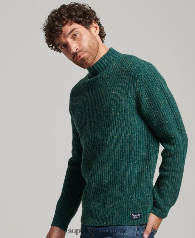 uy Superdry hombres jersey de tweed en mezcla de lana con cuello alzado verde DT2N8Z1273 ropa