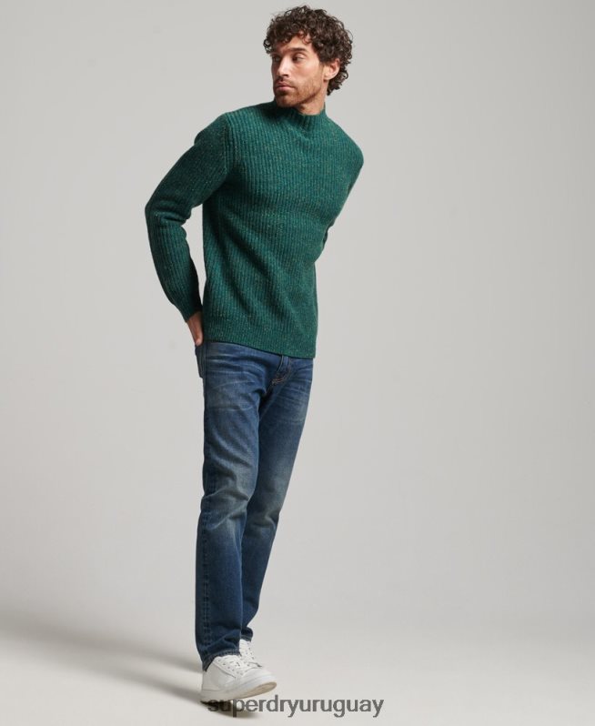 uy Superdry hombres jersey de tweed en mezcla de lana con cuello alzado verde DT2N8Z1273 ropa
