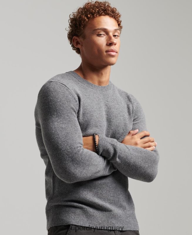uy Superdry hombres suéter con cuello redondo de lana de cordero gris claro DT2N8Z1247 ropa