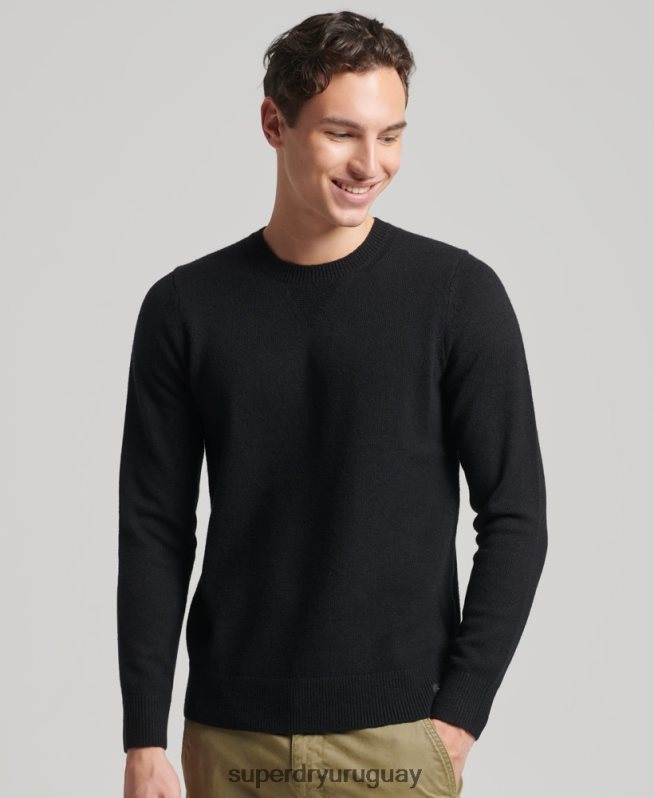 uy Superdry hombres suéter con cuello redondo de lana de cordero negro DT2N8Z5270 ropa