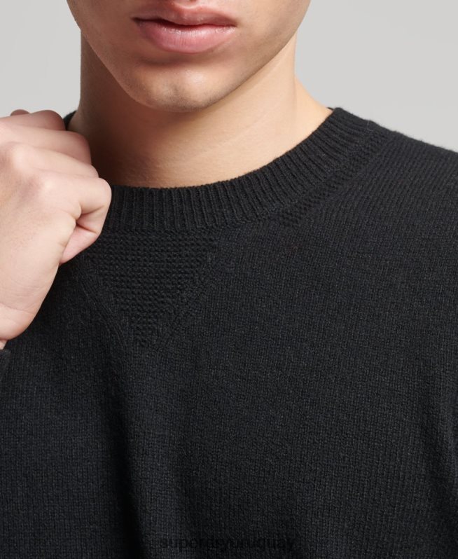 uy Superdry hombres suéter con cuello redondo de lana de cordero negro DT2N8Z5270 ropa