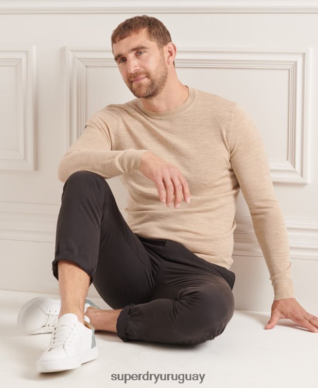 uy Superdry hombres suéter con cuello redondo de lana merina de studios beige DT2N8Z5297 ropa