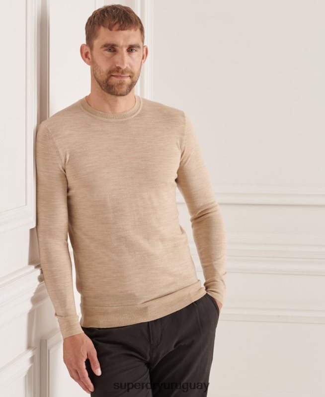 uy Superdry hombres suéter con cuello redondo de lana merina de studios beige DT2N8Z5297 ropa