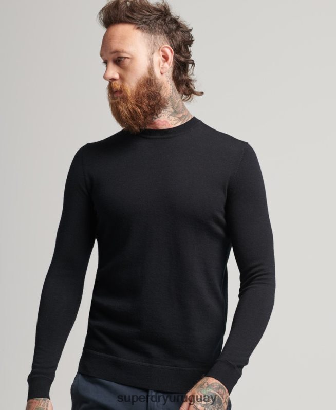 uy Superdry hombres suéter con cuello redondo de lana merina de studios negro DT2N8Z1286 ropa