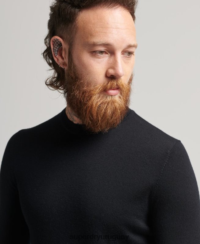 uy Superdry hombres suéter con cuello redondo de lana merina de studios negro DT2N8Z1286 ropa
