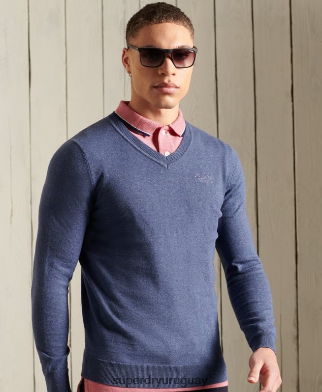 uy Superdry hombres suéter con etiqueta naranja y cuello en V azul DT2N8Z5328 ropa