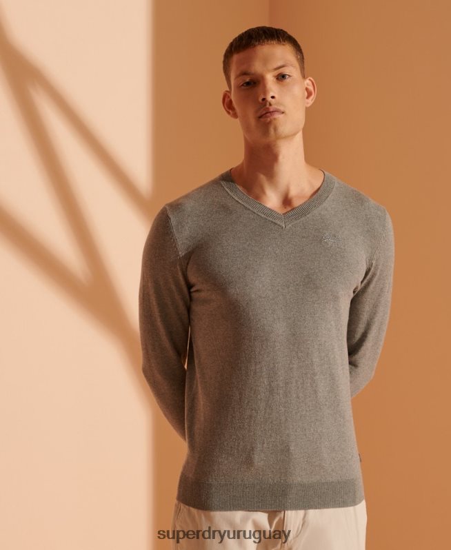 uy Superdry hombres suéter con etiqueta naranja y cuello en V gris DT2N8Z1364 ropa