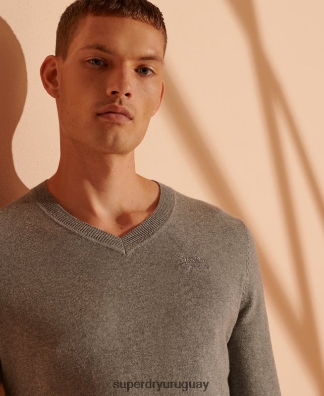 uy Superdry hombres suéter con etiqueta naranja y cuello en V gris DT2N8Z1364 ropa