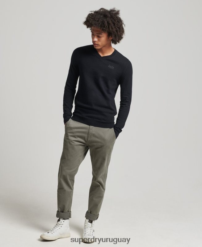 uy Superdry hombres suéter con etiqueta naranja y cuello en V negro DT2N8Z1353 ropa