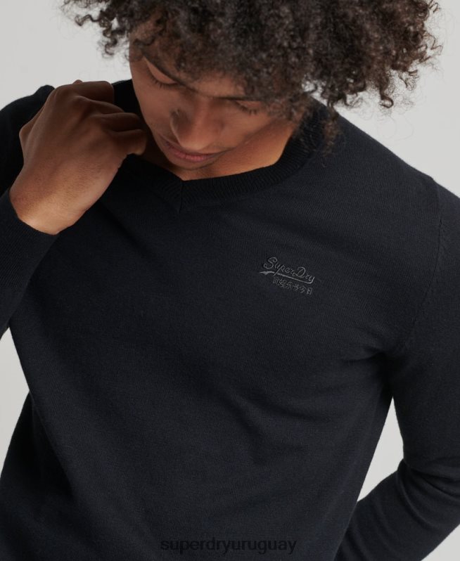 uy Superdry hombres suéter con etiqueta naranja y cuello en V negro DT2N8Z1353 ropa