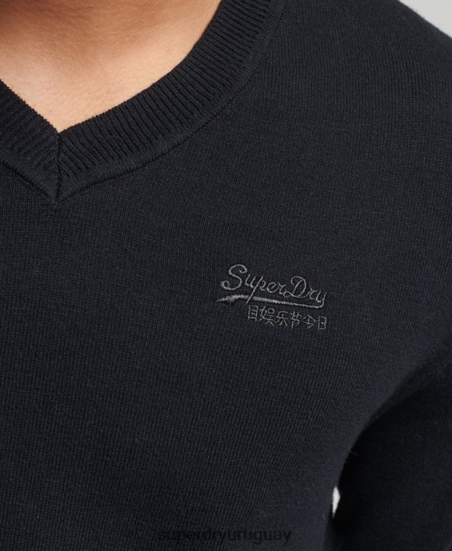 uy Superdry hombres suéter con etiqueta naranja y cuello en V negro DT2N8Z1353 ropa