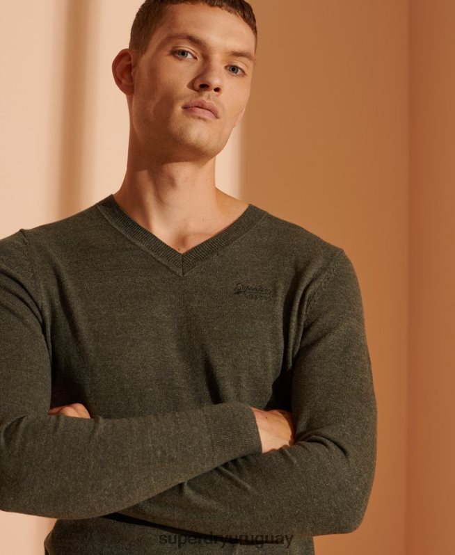uy Superdry hombres suéter con etiqueta naranja y cuello en V verde DT2N8Z1352 ropa
