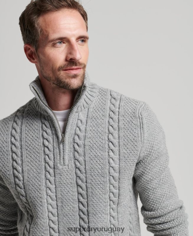 uy Superdry hombres suéter vintage con cuello henley de jacob gris claro DT2N8Z1275 ropa