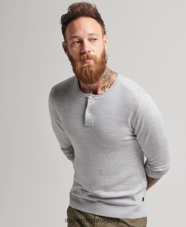 uy Superdry hombres top de punto henley con cuello redondo de merino gris claro DT2N8Z1521 ropa