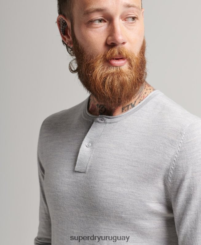 uy Superdry hombres top de punto henley con cuello redondo de merino gris claro DT2N8Z1521 ropa