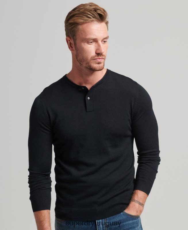 uy Superdry hombres top de punto henley con cuello redondo de merino negro DT2N8Z1534 ropa