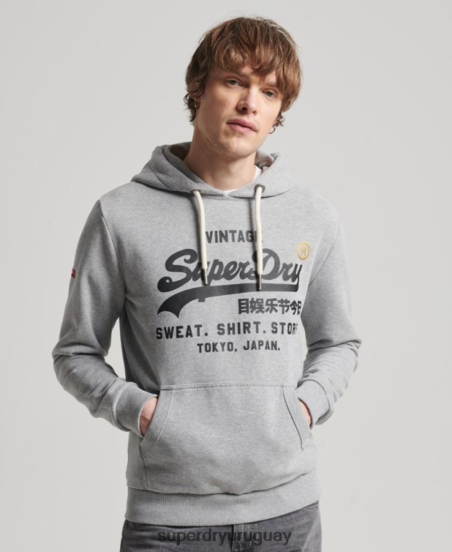 uy Superdry hombres sudadera con capucha clásica de la tienda del logo vintage gris DT2N8Z502 ropa