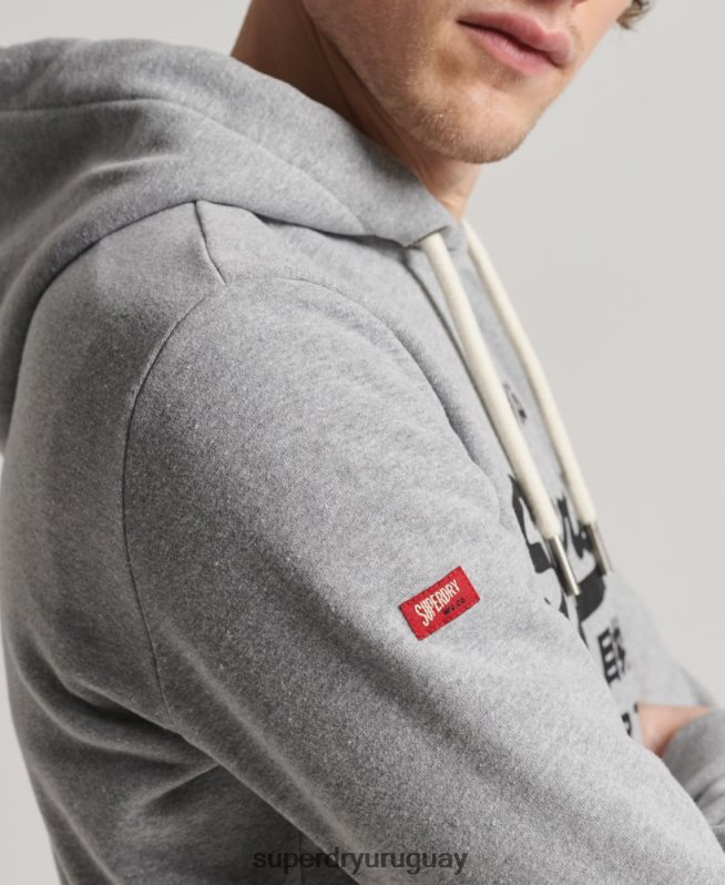 uy Superdry hombres sudadera con capucha clásica de la tienda del logo vintage gris DT2N8Z502 ropa